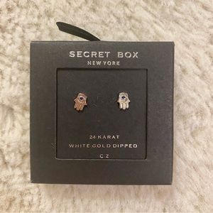 Secret Box Hamsa 24k White Gold Dipped Stud Earrings